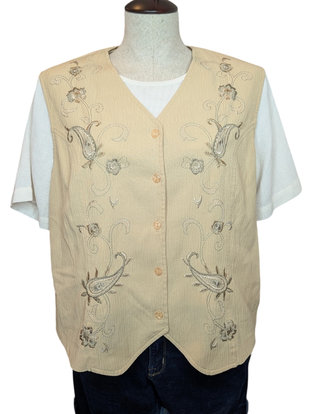 Vintage Koret Country Classics Embroidered Vest Petite Cottagecore Beige Size 12